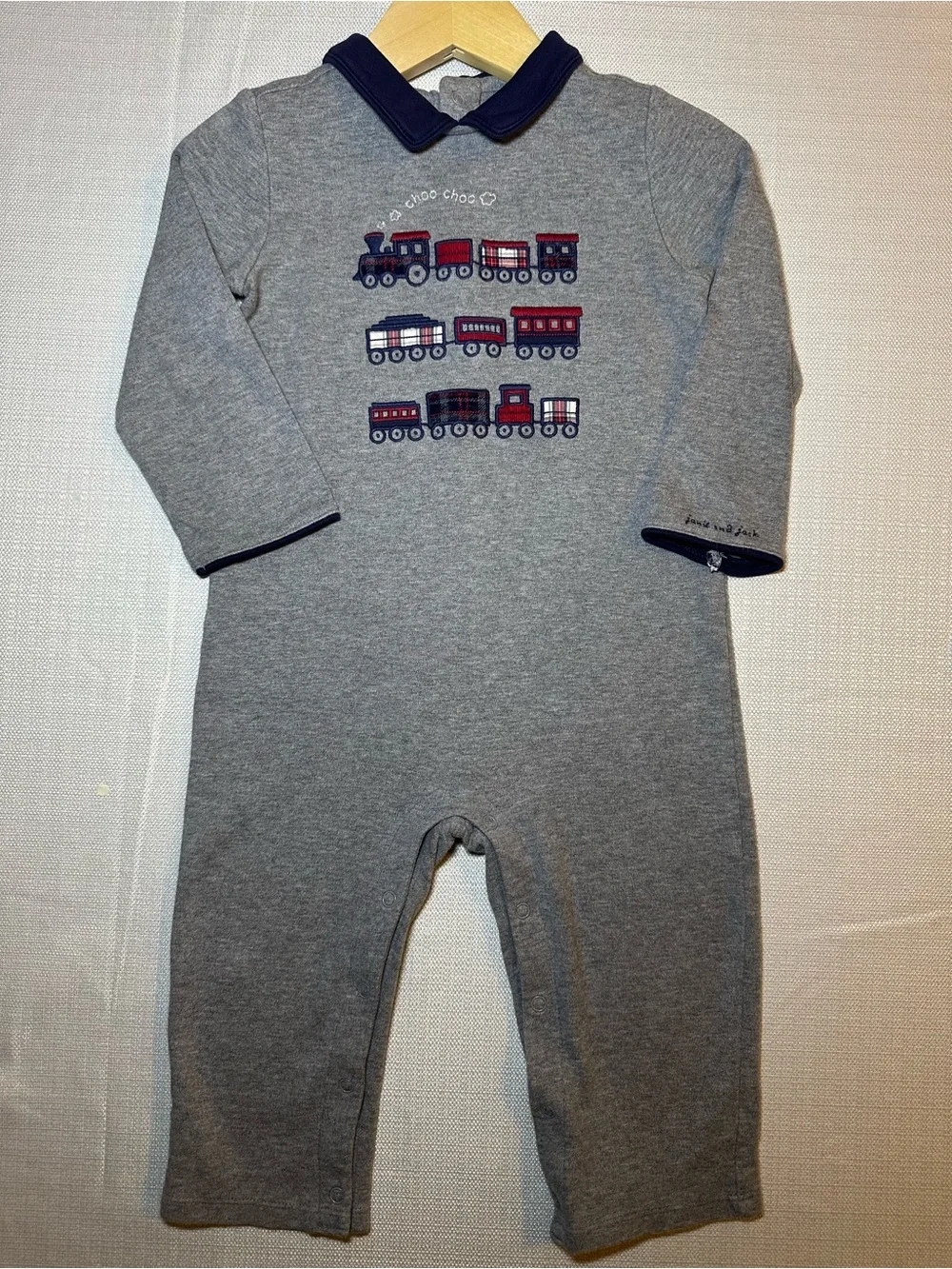 Janie and Jack Gray Train Applique Cotton Layette Romper 12-18M